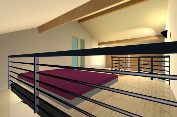 Rhabilitation d'un garage : vue 3D de la chambre (mezzanine)