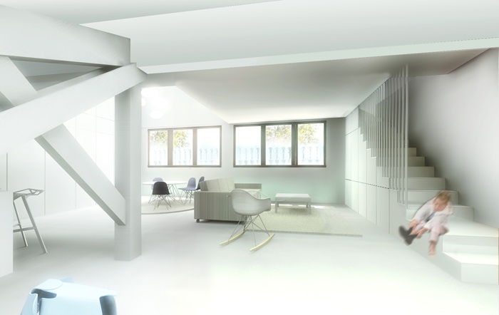 Surélévation à Toulouse - Quartier Saint Cyprien : esc blanc fers plats